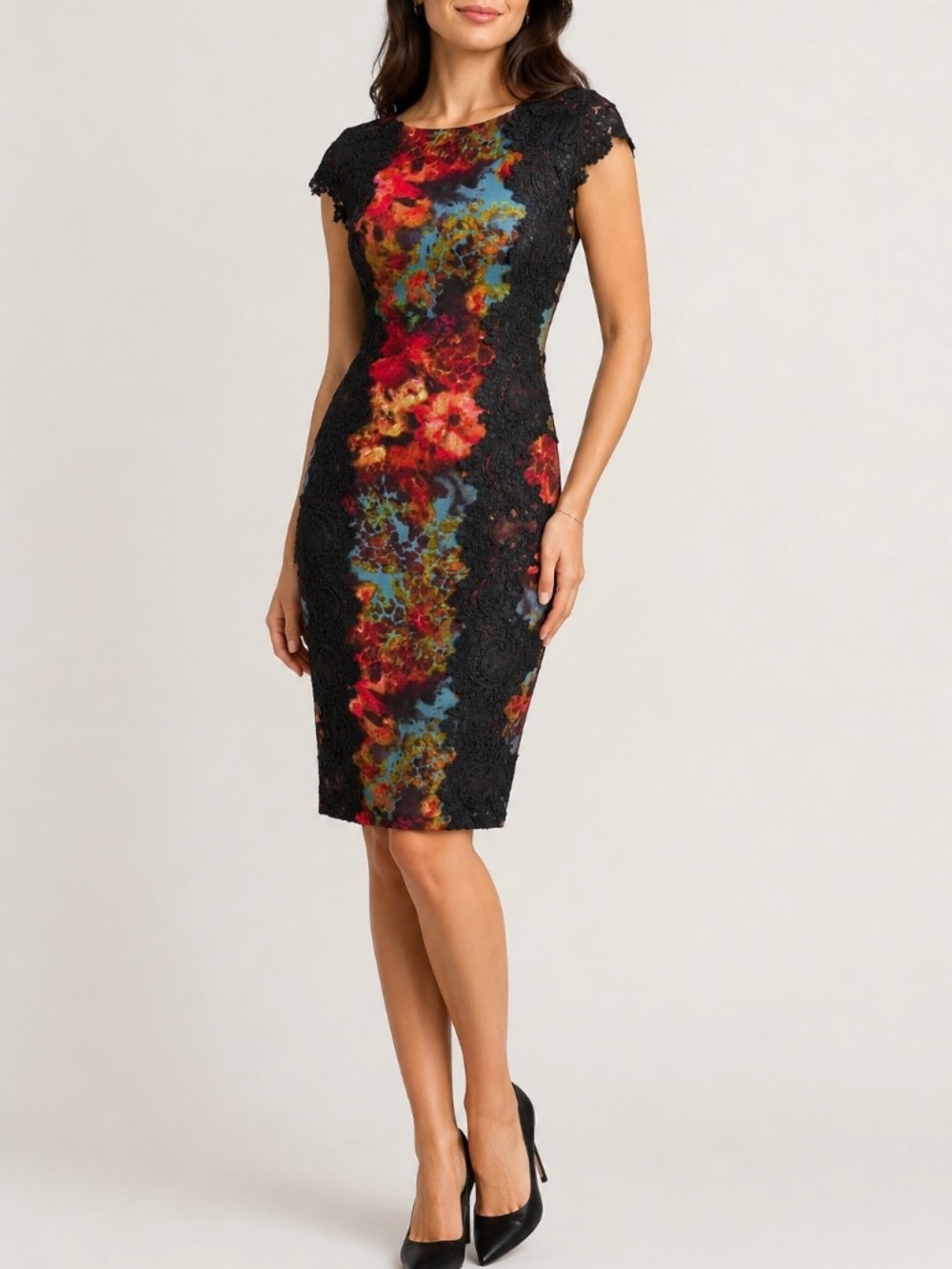 Maggy London Petites Floral Lace Trim Sheath Dress Multi Autumn Wedding guest 4P